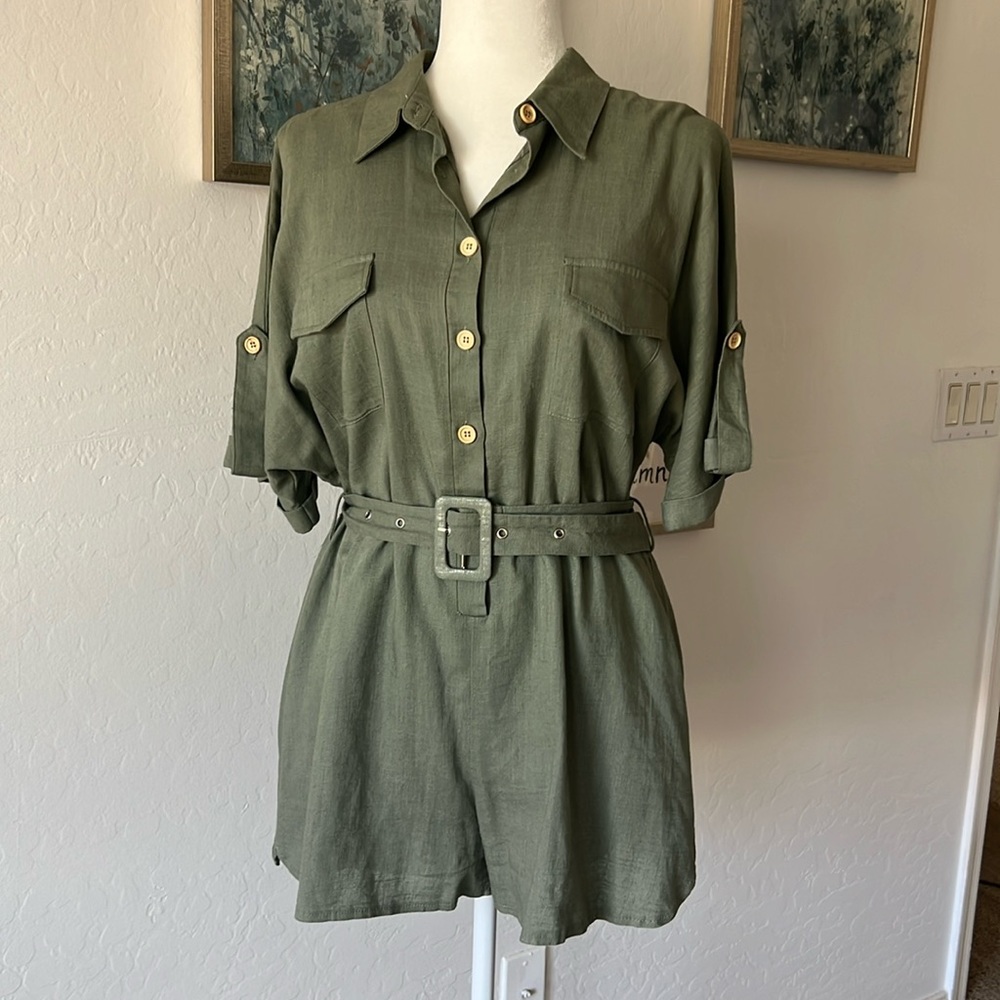 MABLE Linen Cotton Green Utility Belted Romper Size Medium